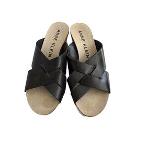 Anne Klein Black Slip On Mid Wedge Sandal Leather upper size 7